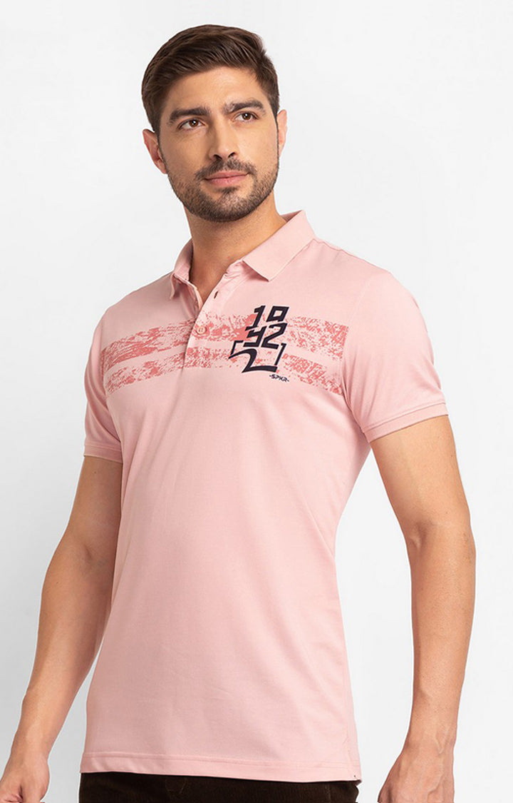 Spykar Dusty Pink Cotton Half Sleeve Printed Casual Polo T-Shirt For Men