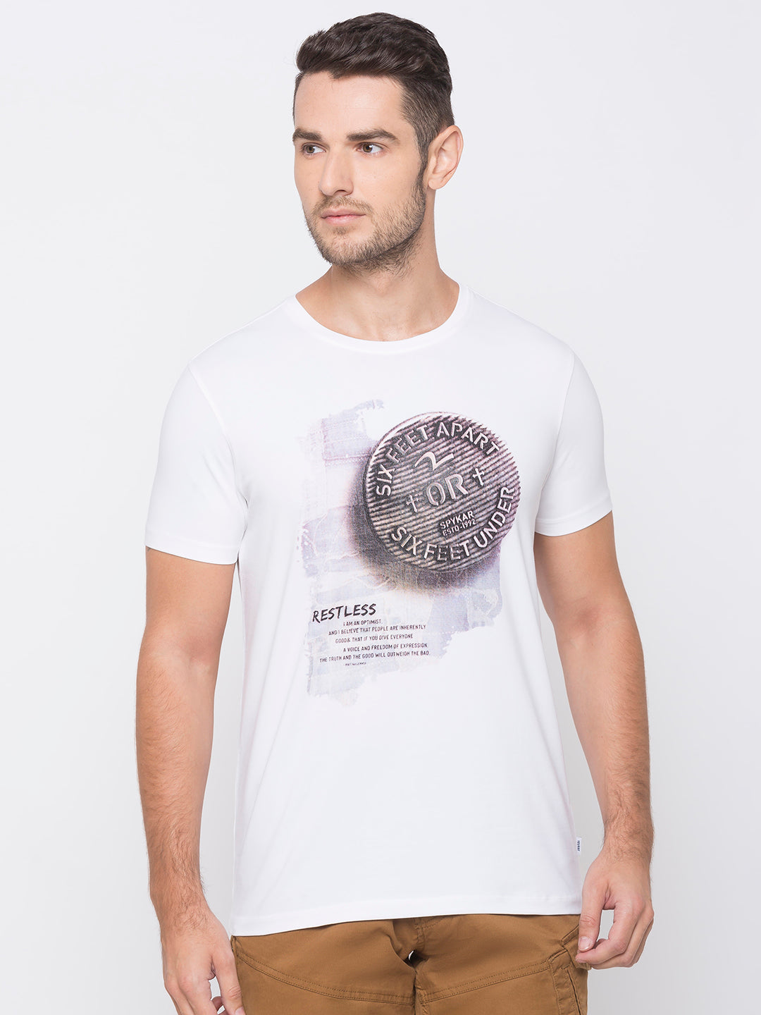 Spykar Men White Cotton Slim Fit Round Neck T-Shirt