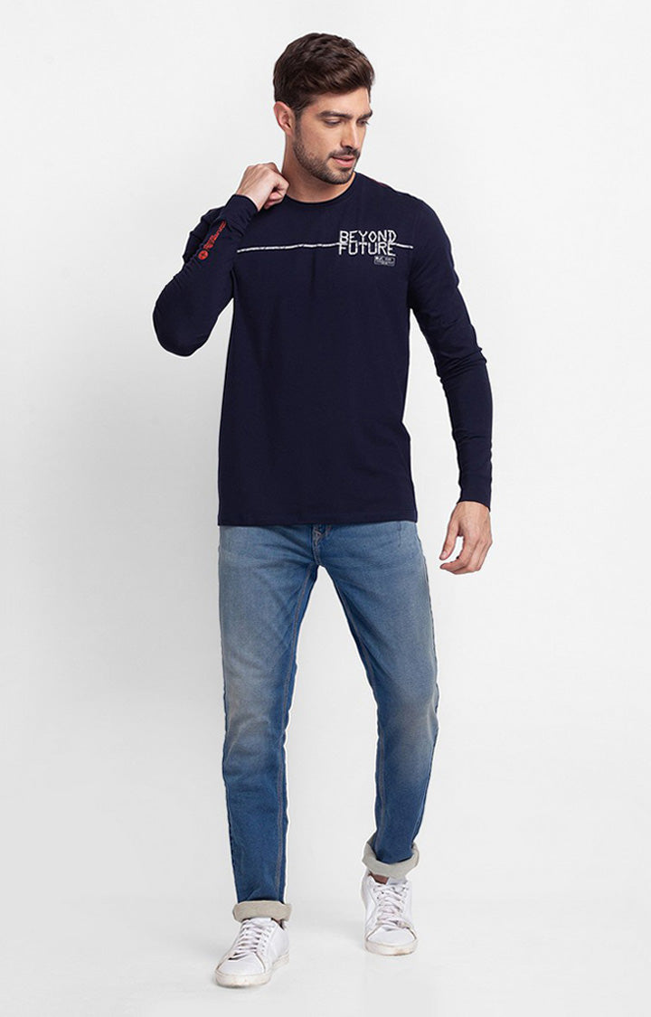 Spykar Navy Blue Cotton Full Sleeve Printed Casual T-Shirt For Men