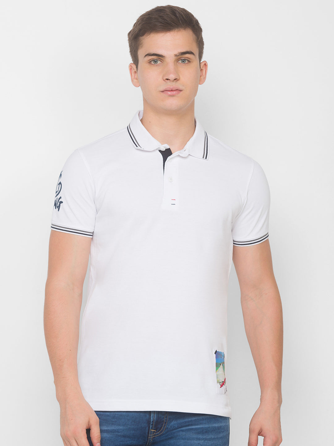 Spykar Men White Cotton Slim Fit Polo T-Shirt