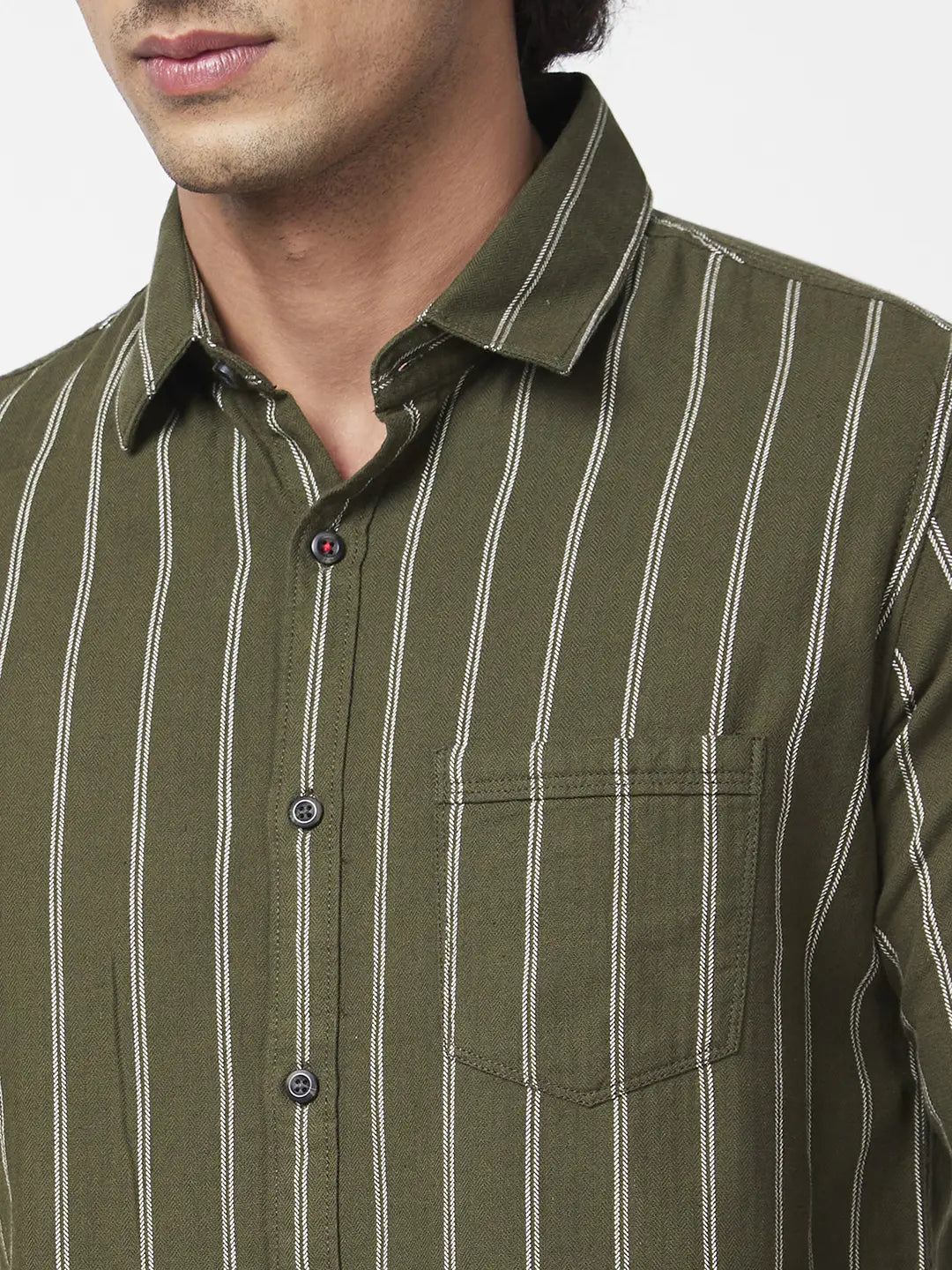 Spykar Men Rifle Green Cotton Regular Slim Fit Full Sleeve Casual Striped Shirt