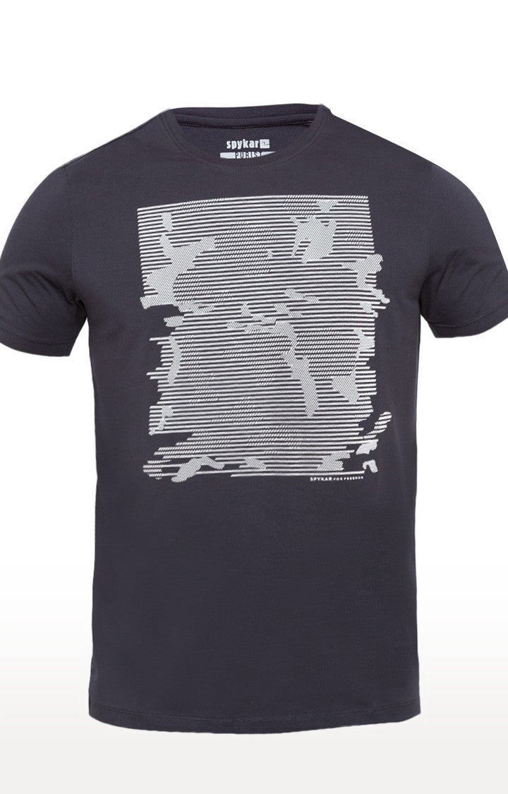 Spykar Charcoal Black Printed Slim Fit Men T-Shirts