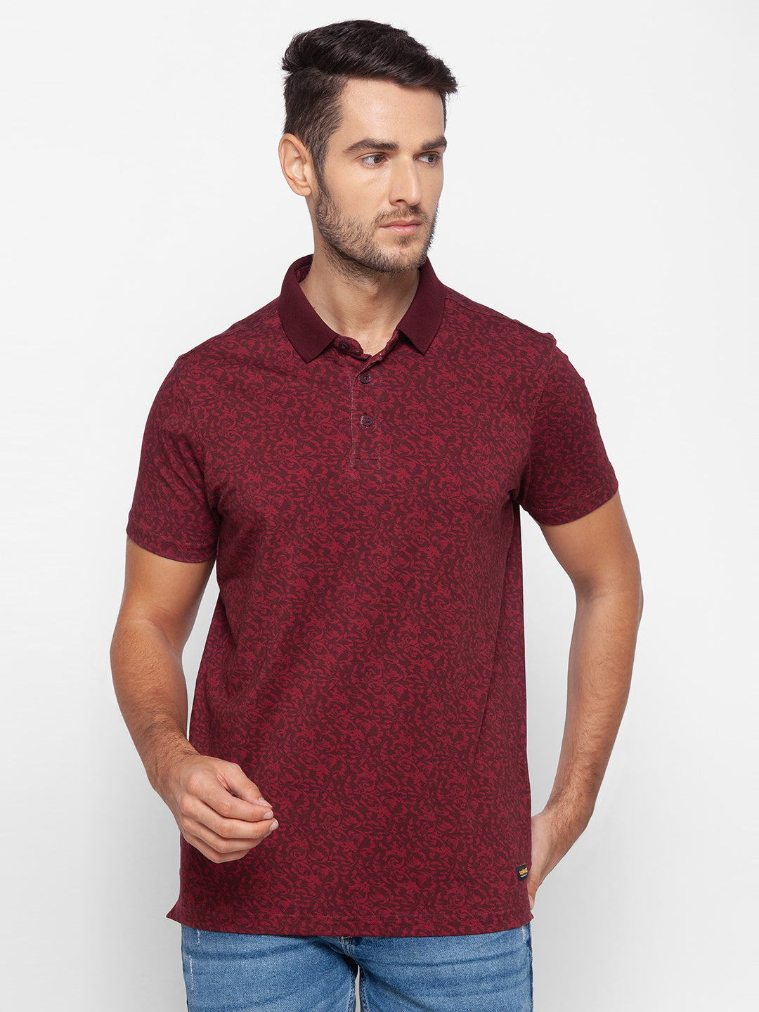 Spykar Men Red Cotton Slim Fit Polo T-Shirt