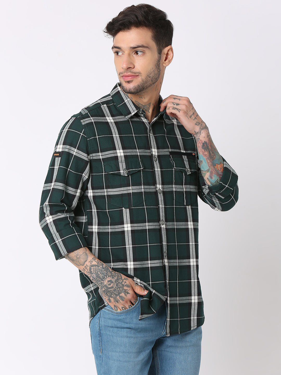 Spykar Men Bottle Green Cotton Regular Fit Checkered Shirts