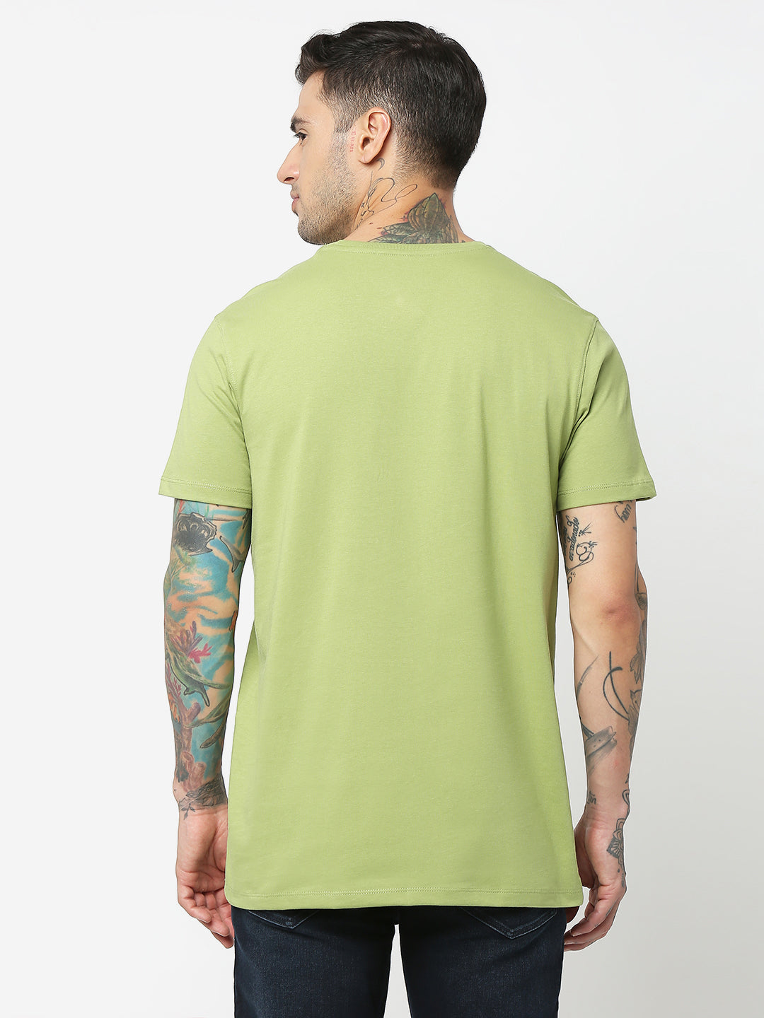 Spykar Men Dusty Green Cotton Slim Fit Round Neck Plain T-Shirt