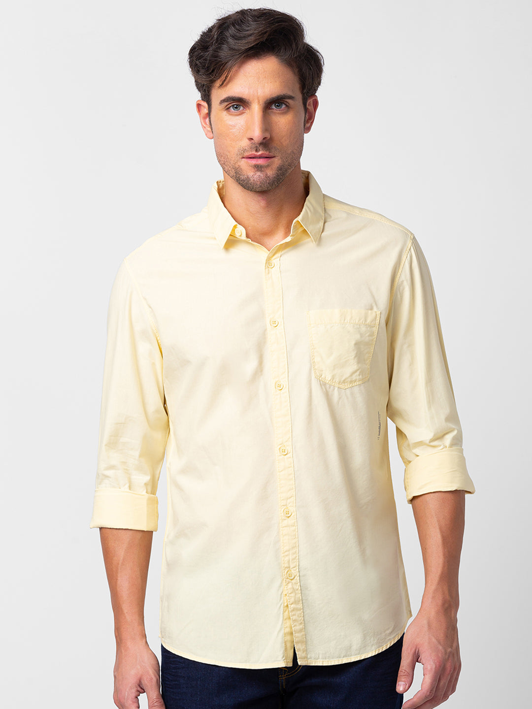 Spykar Men Powder Yellow Cotton Slim Fit Plain Shirt