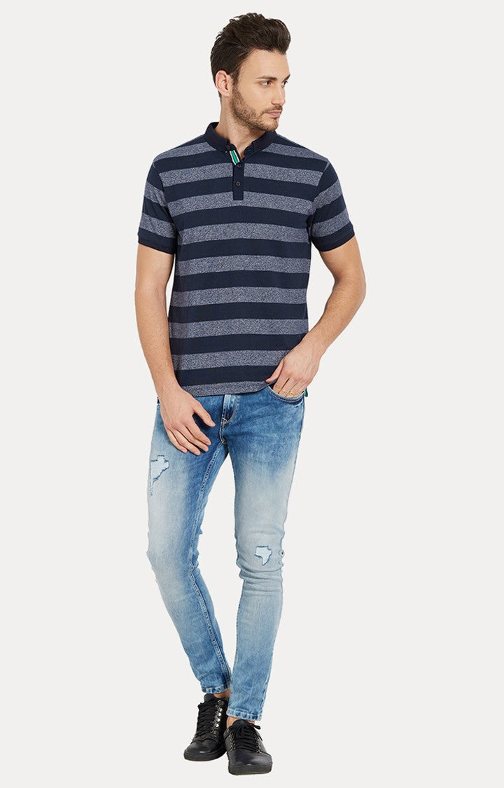 Spykar Navy Striped Slim Fit Polo T-Shirt