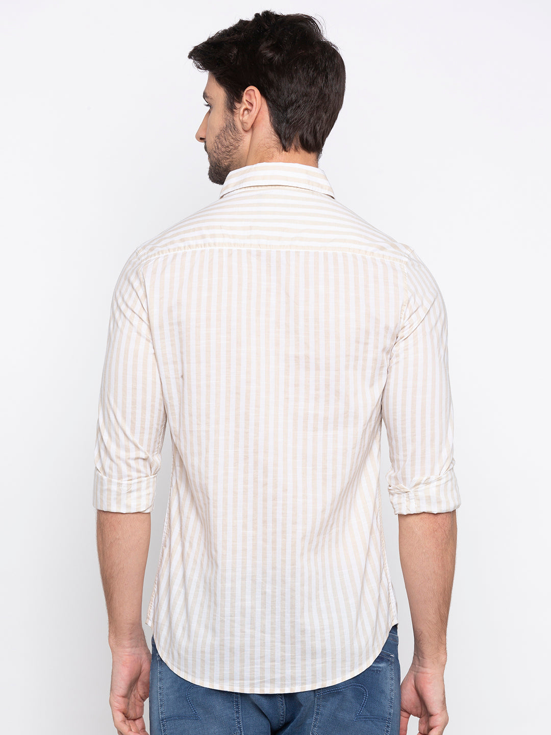 Spykar Men Beige Striped Slim Fit Casual Shirt