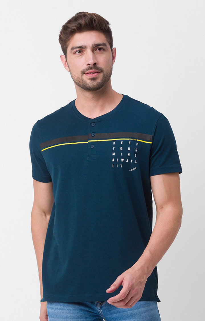 Spykar Teal Blue Cotton Half Sleeve Plain Casual T-shirt For Men