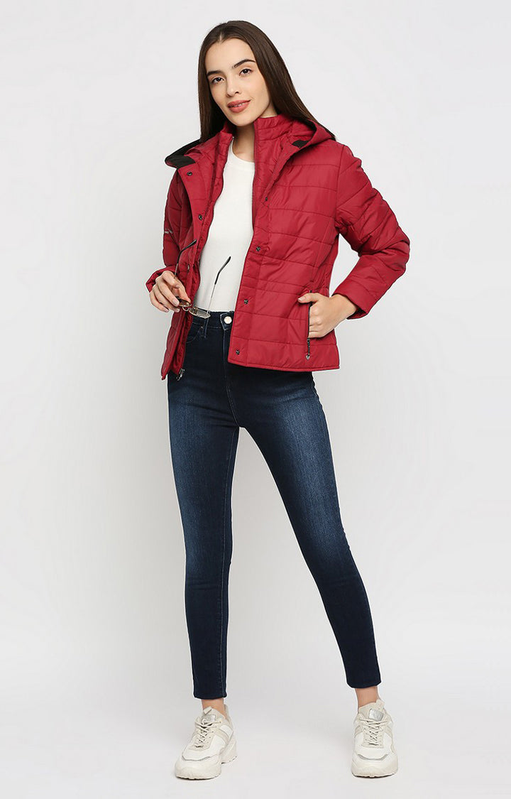 Spykar Women Red Cotton Regular Fit Hoodie Jacket