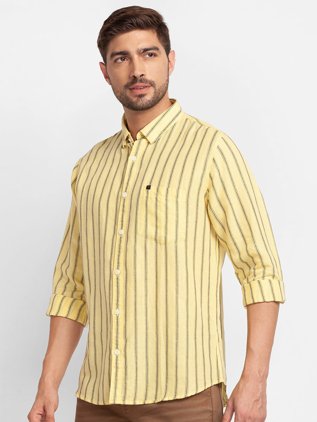 Spykar Butter Yellow Cotton Full Sleeve Stripes Shirt For Men