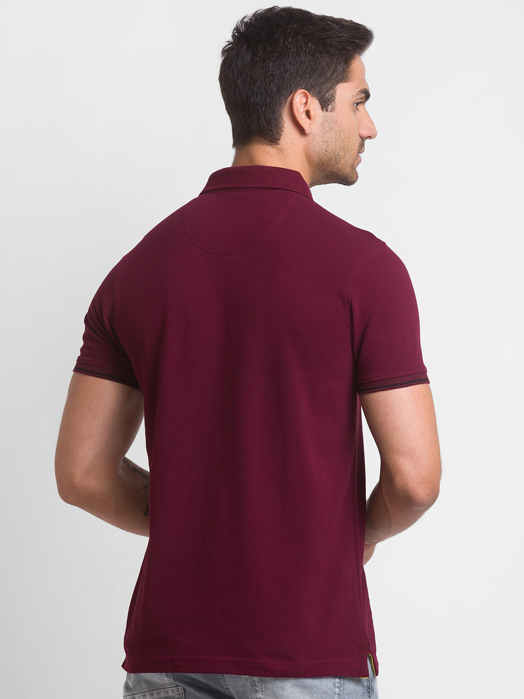 Spykar Wine Cotton Half Sleeve Plain Casual Polo T-Shirt For Men