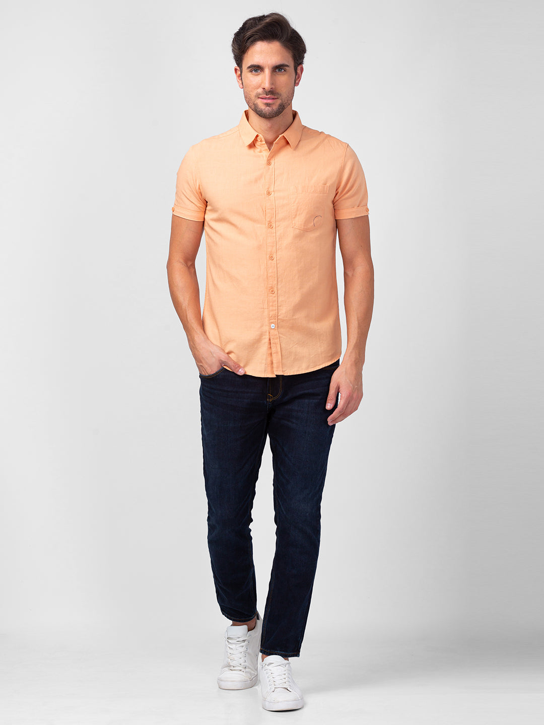 Spykar Men Peach Linen Slim Fit Plain Shirt