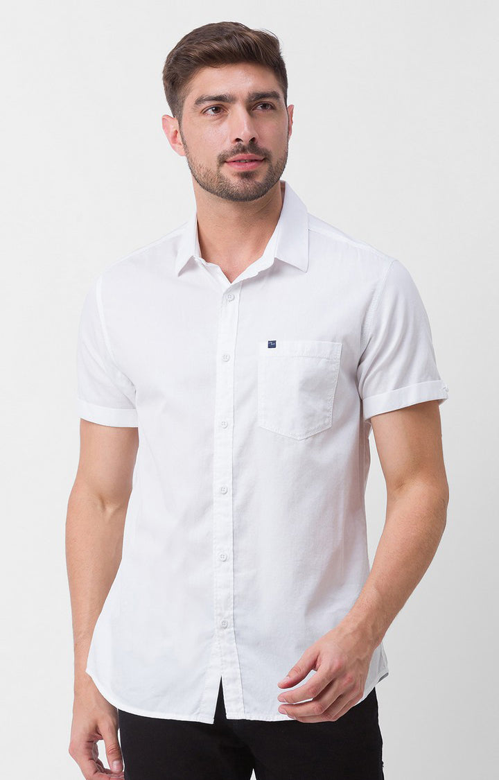 Spykar White Cotton Half Sleeve Plain Shirt For Men