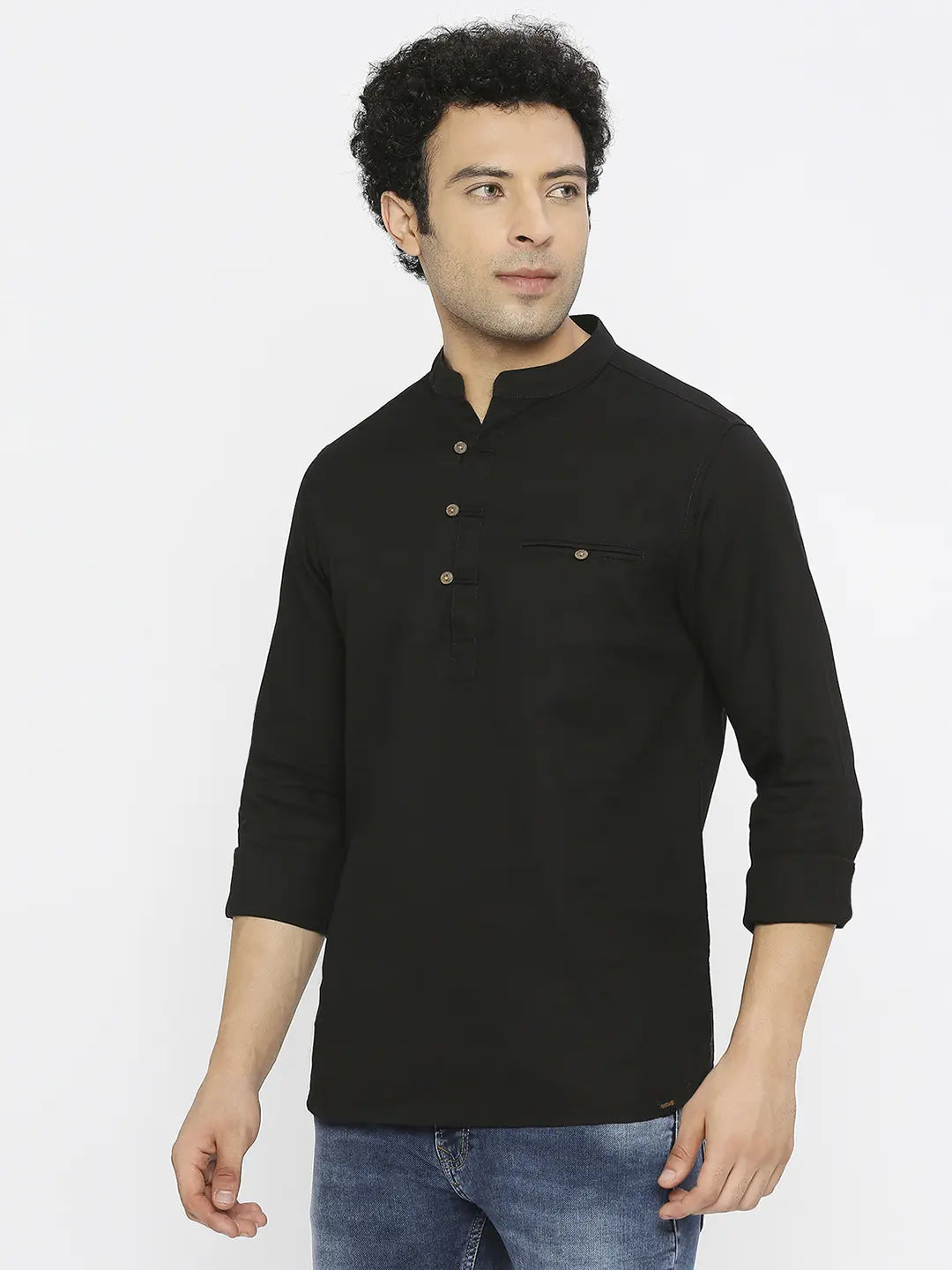 Spykar Men Black Slub Slim Fit M and arin Collar Plain Kurta