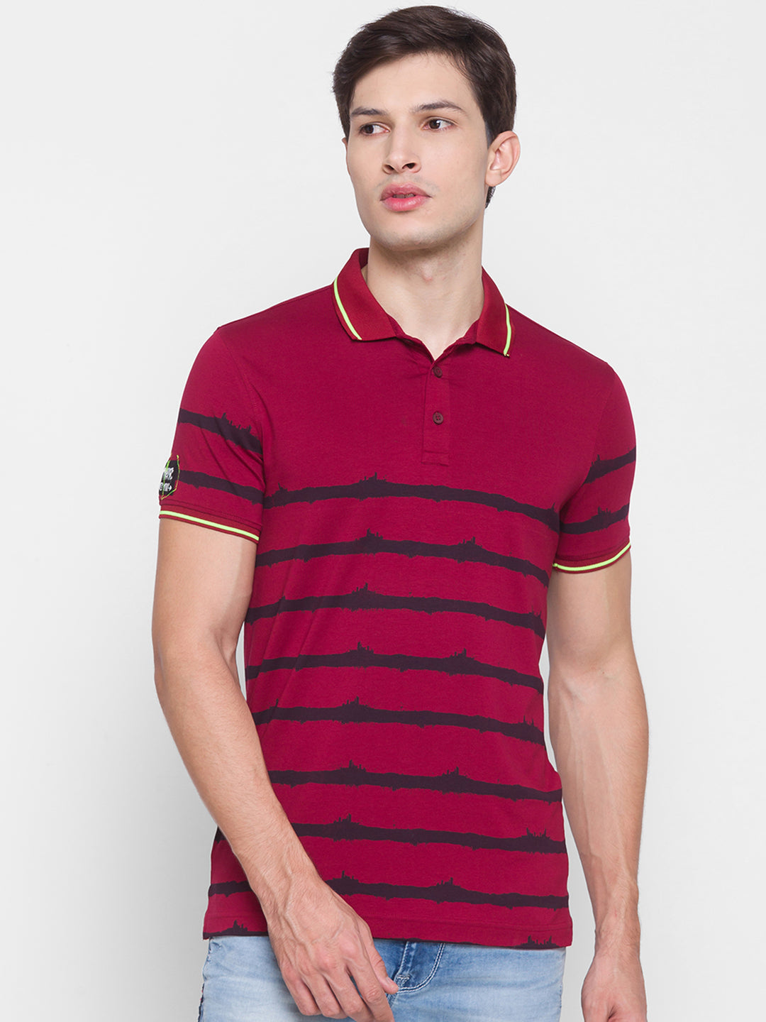 Spykar Men Red Cotton Slim Fit Polo T-Shirt