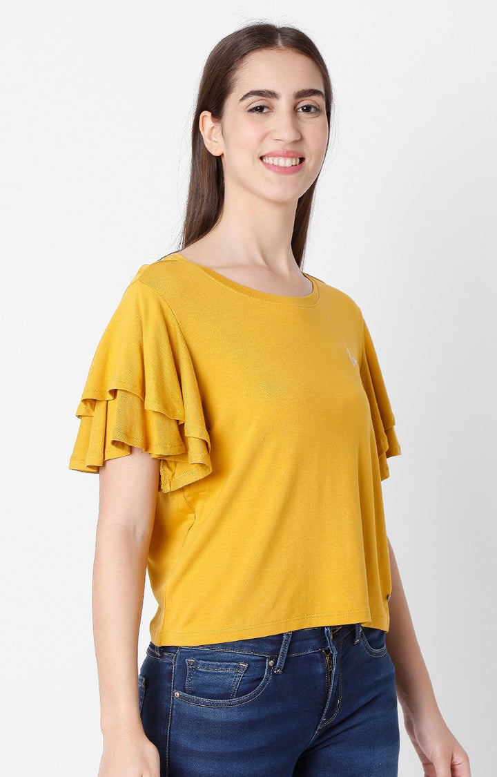 Spykar Women Yellow Cotton Slim Fit Round Neck T-Shirts