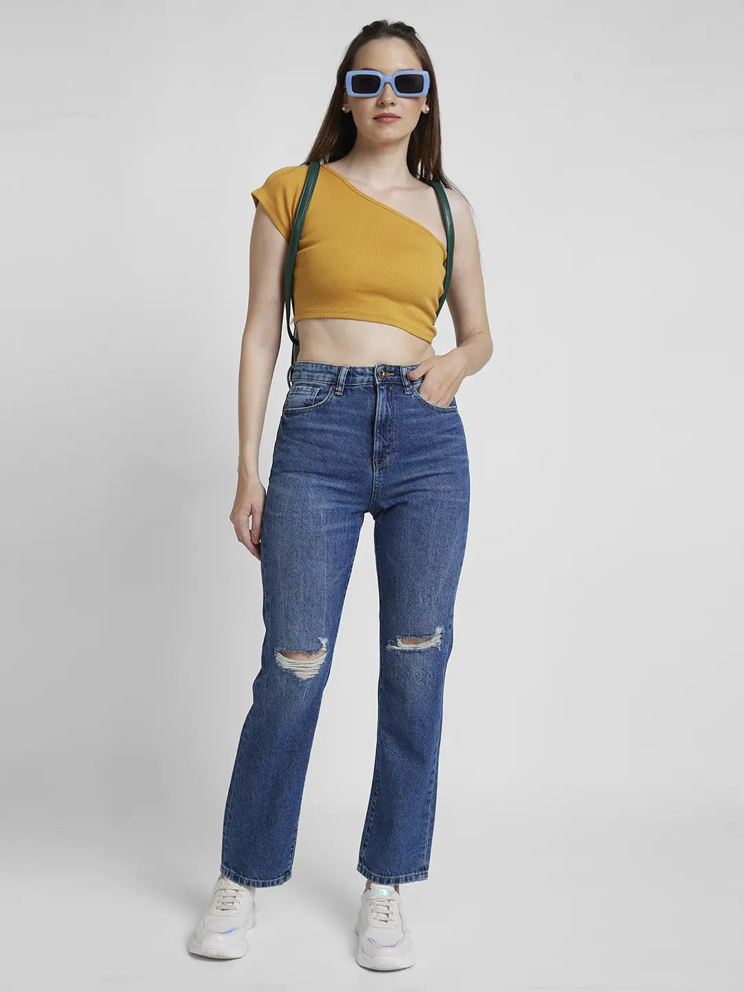 Spykar Women Mid Blue Cotton Straight Fit Regular Length Low Distressed Jeans -(Bella)
