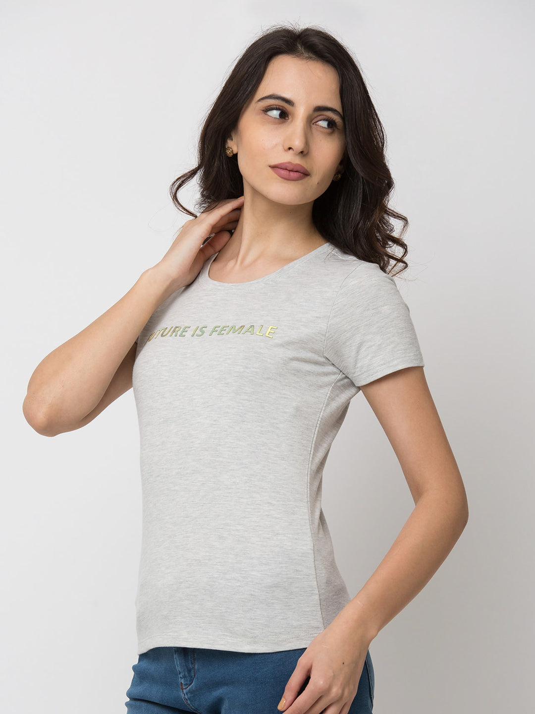 Spykar Women Grey Cotton Slim Fit Round Neck T-Shirt