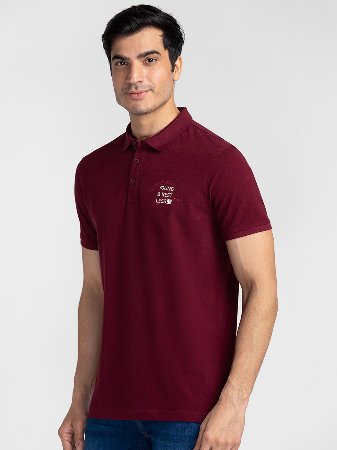 Spykar Men Wine Cotton Slim Fit Polo Plain T-Shirt