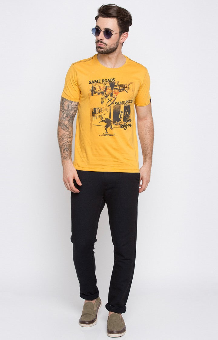 Spykar Yellow Printed Slim Fit Men T-Shirts