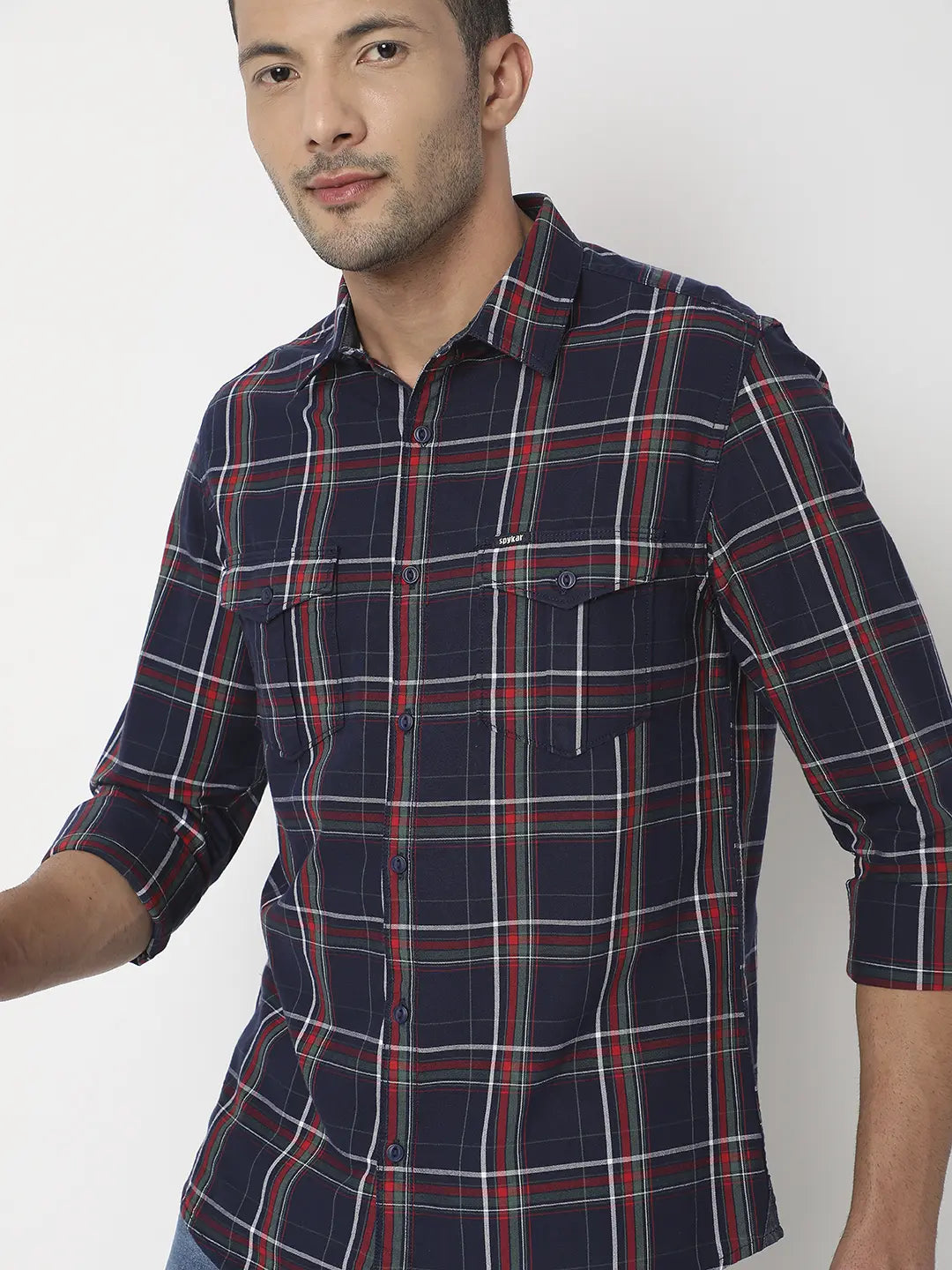 Spykar Men Navy Blue & Beige Cotton Slim Fit Checkered Shirt