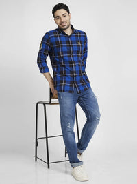 Spykar Men Nautical Blue Cotton Regular Slim Fit Full Sleeve Checkered Shirt