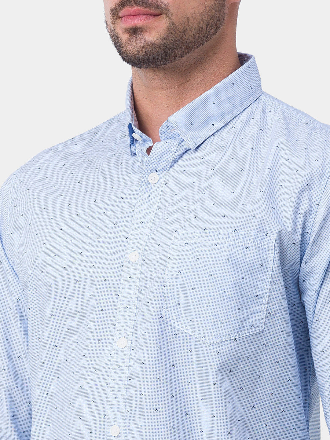Spykar Sky Blue Cotton Full Sleeve Printed Shirt For Men