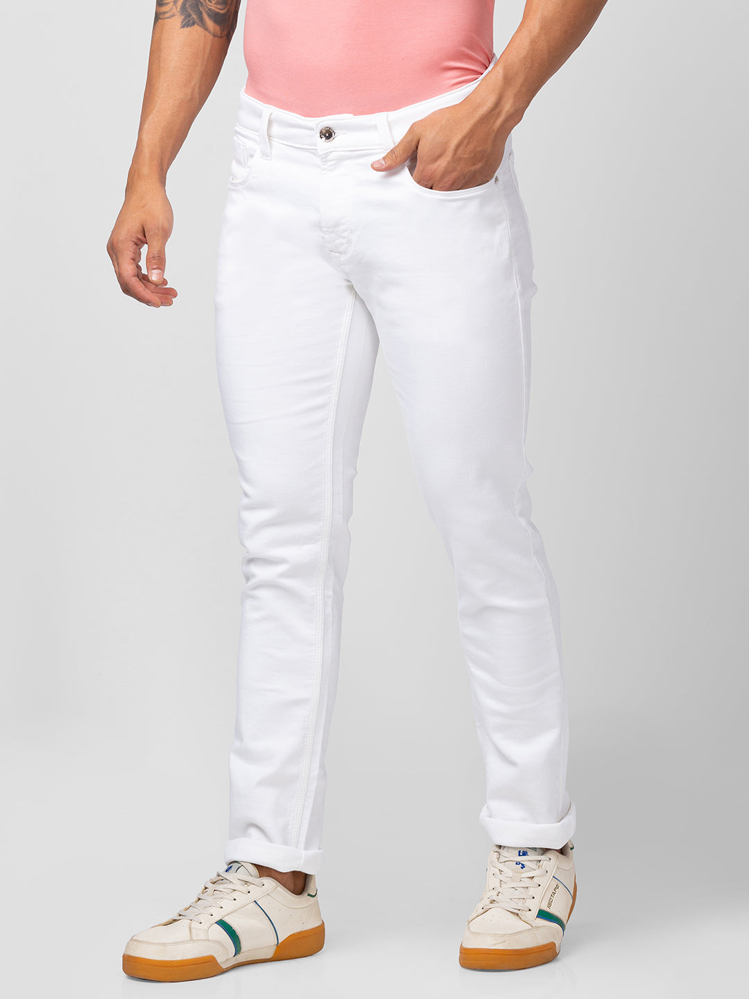 Spykar Men White Cotton Stretch Regular Fit Narrow Length Jeans (Rover)