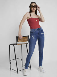 Spykar Women Mid Blue Lycra Skinny Fit Regular Length Mild Distressed Jeans -(Adora)
