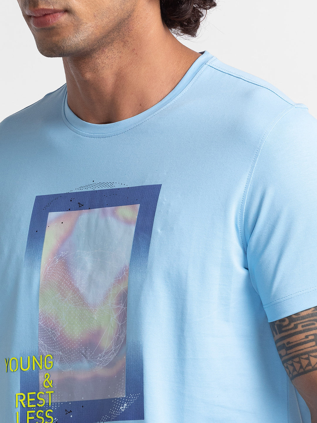 Spykar Powder Blue Cotton Half Sleeve Printed Casual T-Shirt For Men