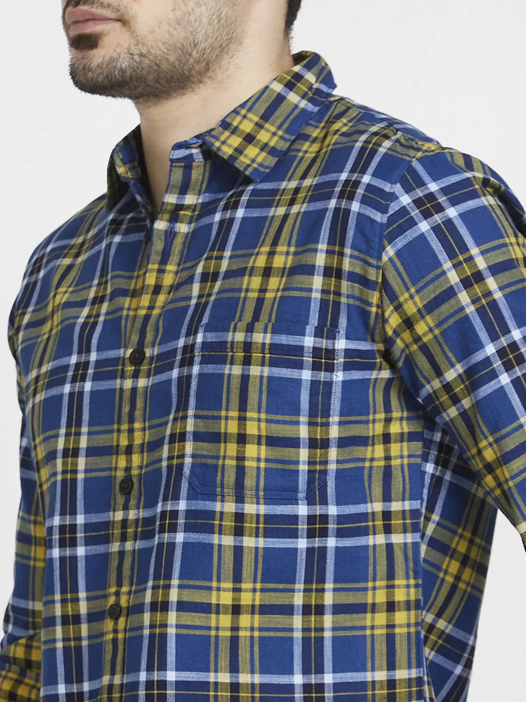 Spykar Men Amber Yellow Cotton Regular Slim Fit Full Sleeve Checkered Shirt
