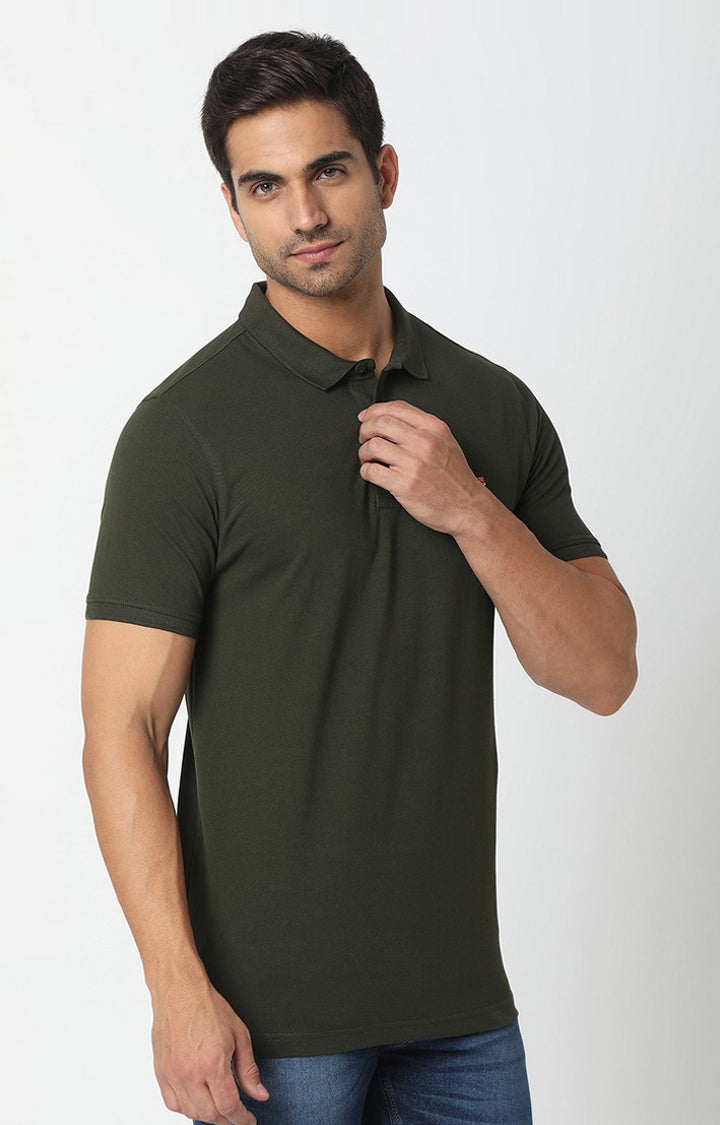 Spykar Rifle Green Cotton Half Sleeve Plain Polo T-Shirt For Men