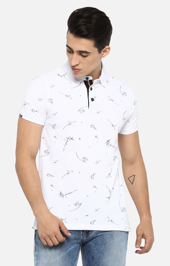 Spykar White Printed Slim Fit Polo T-Shirt