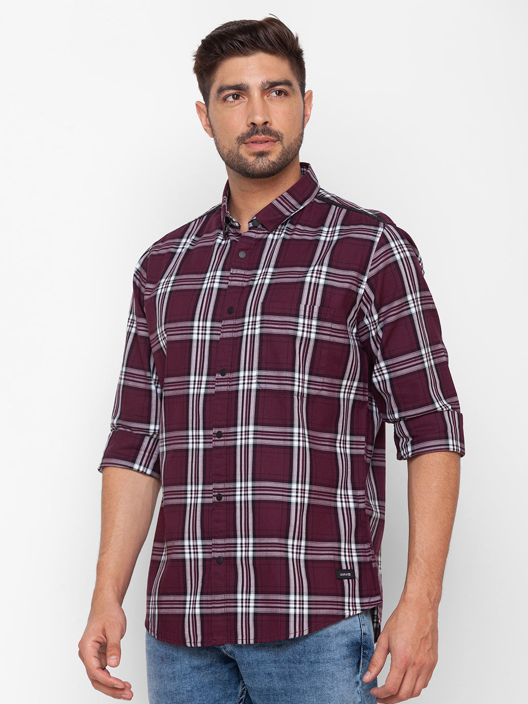 Spykar Plum Red Cotton Full Sleeve Checks Shirt For Men