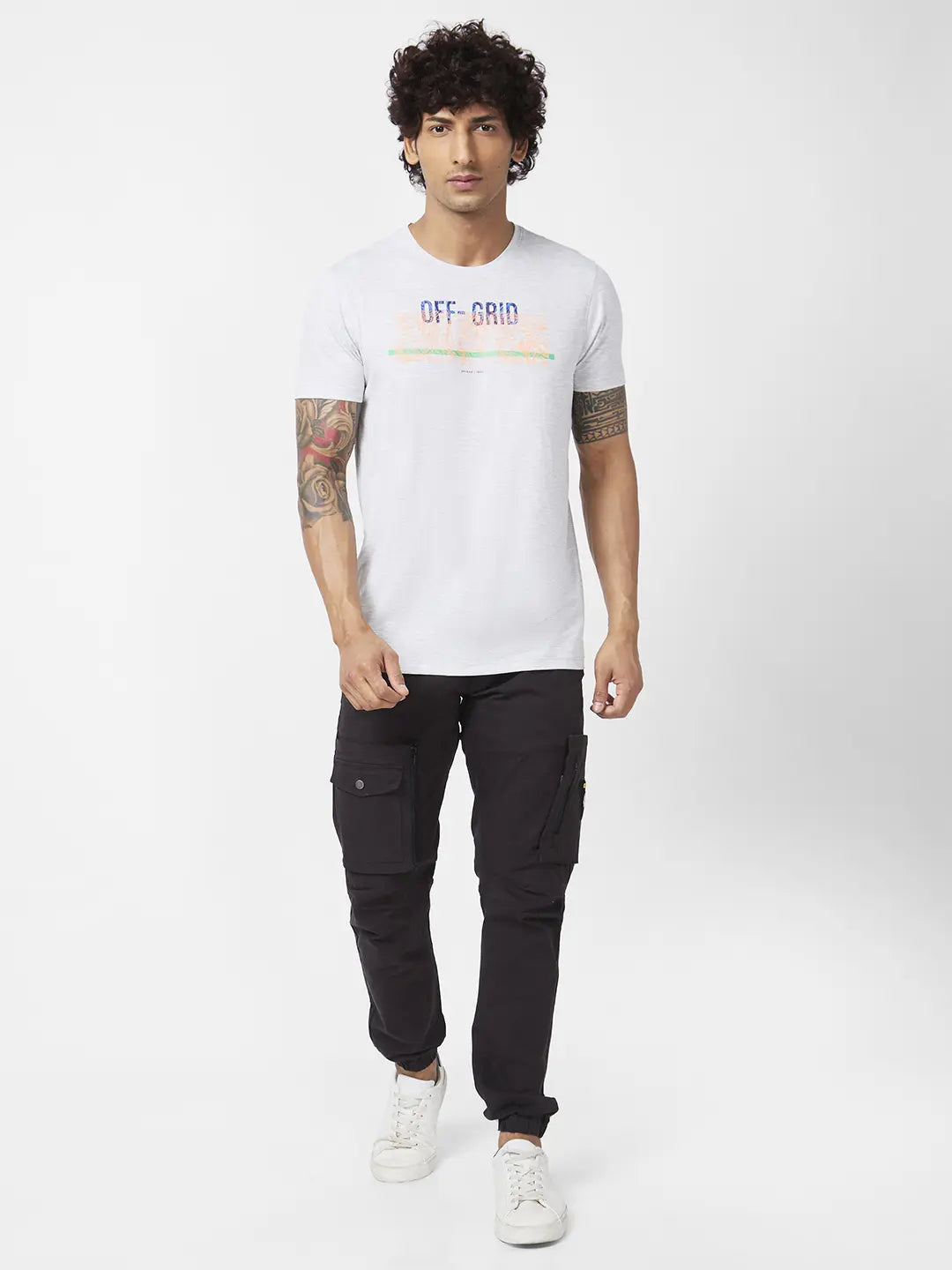 Spykar Men Ash Melange Blended Slim Fit Half Sleeve Round Neck Printed Tshirt