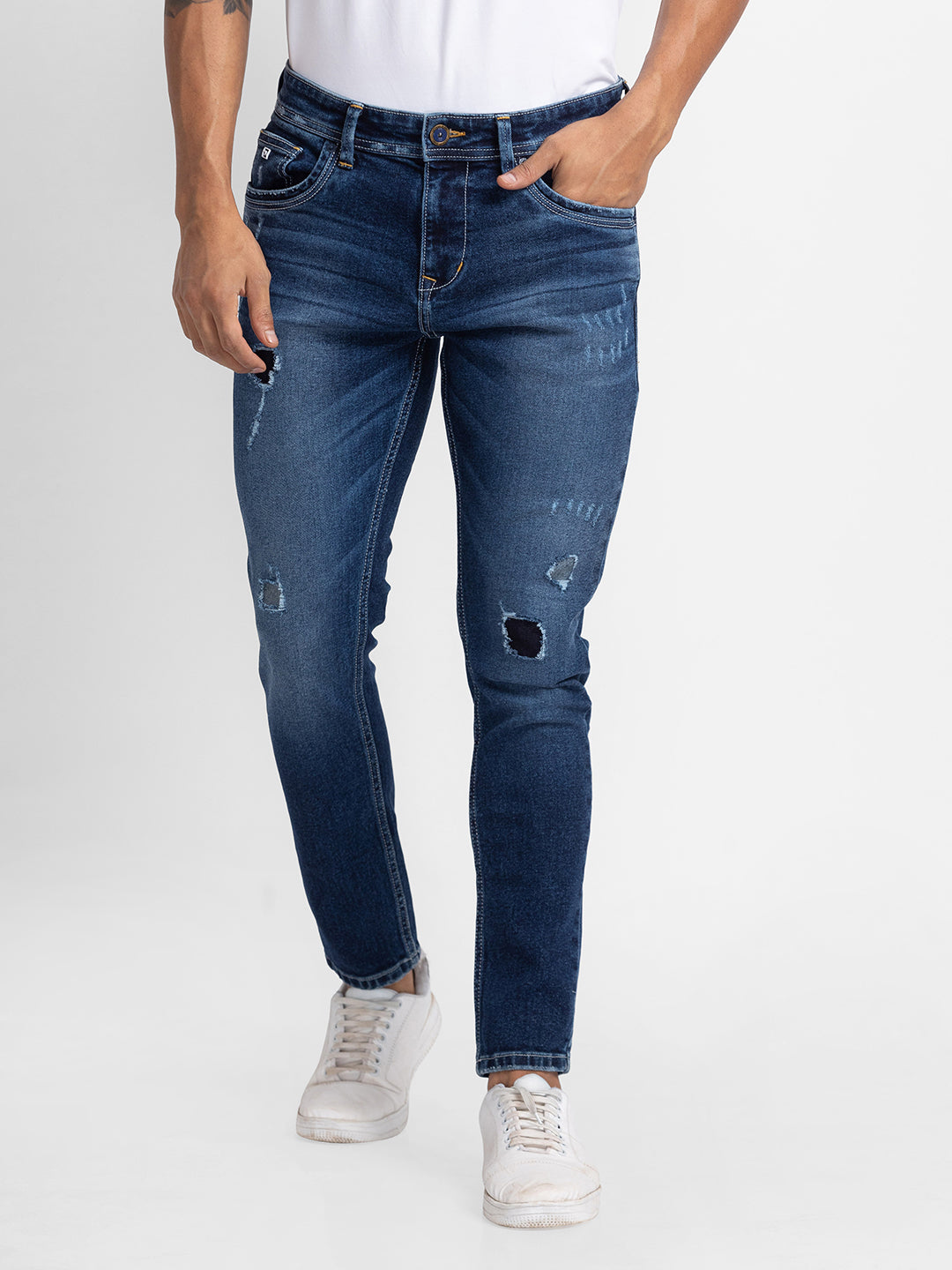 Spykar Dark Blue Cotton Slim Fit Tapered Length Jeans For Men (Kano)