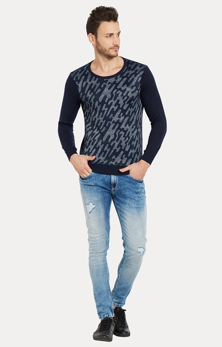 Spykar Men Blue Cotton Slim Fit Round Neck Sweatshirt