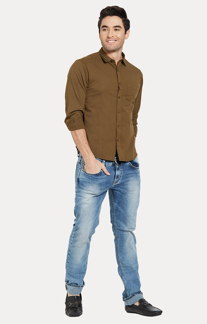 Spykar Men Olive Solid Slim Fit Casual Shirt