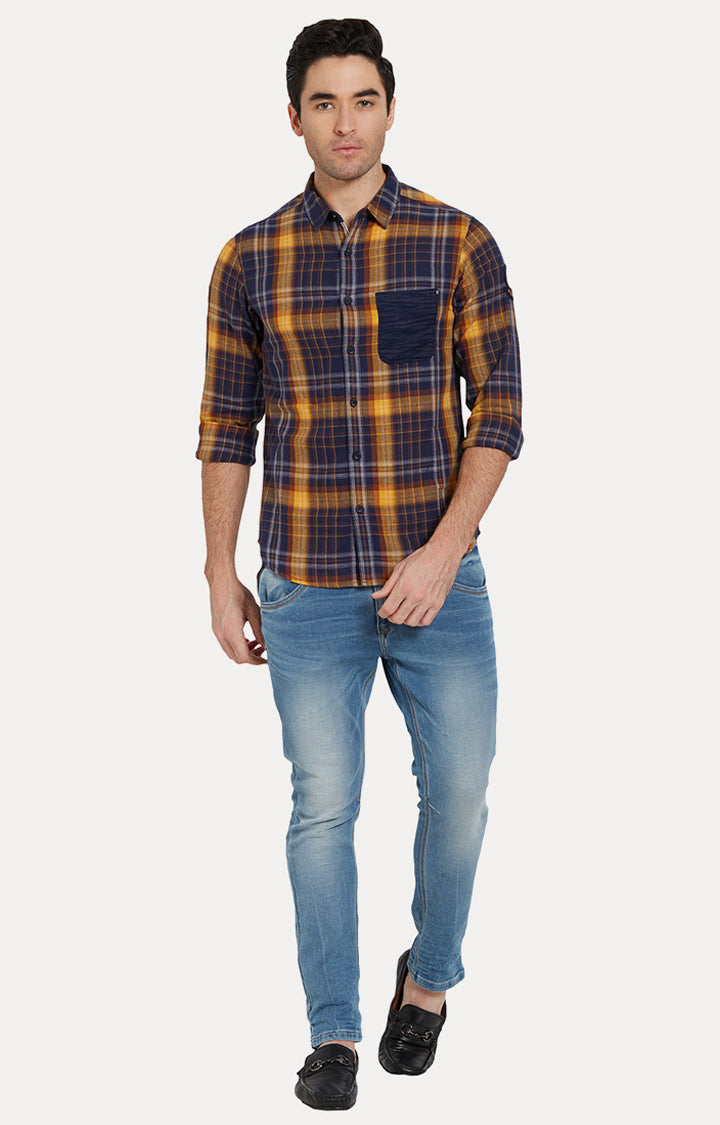 Spykar Men Yellow & Navy Checked Slim Fit Casual Shirt