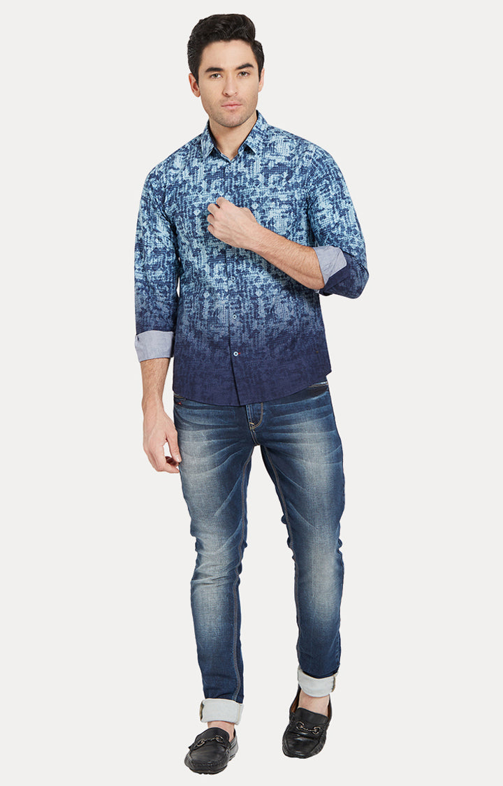 Spykar Men Blue Cotton Slim Fit Full Sleeve Printed Shirt