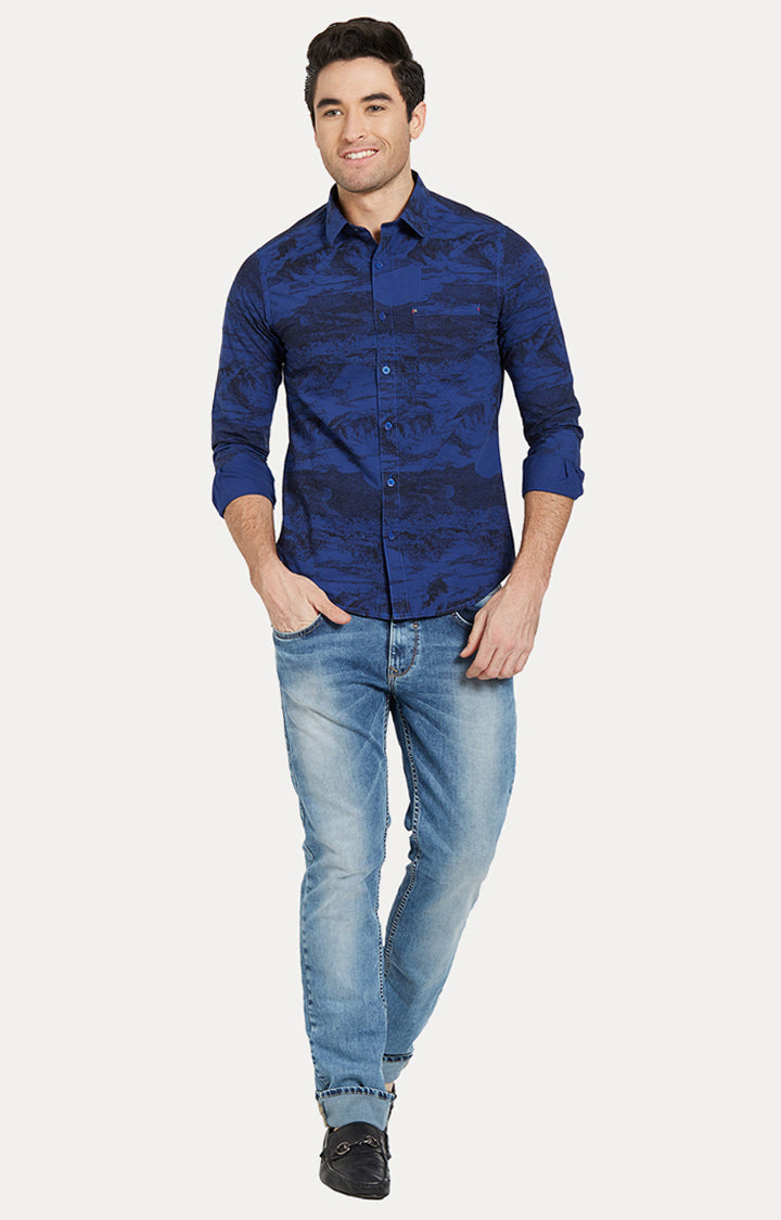 Spykar Men Blue Printed Slim Fit Casual Shirt