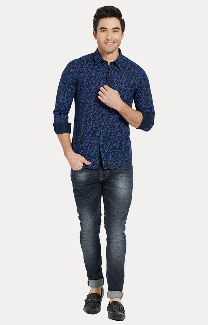 Spykar Men Blue Printed Slim Fit Casual Shirt