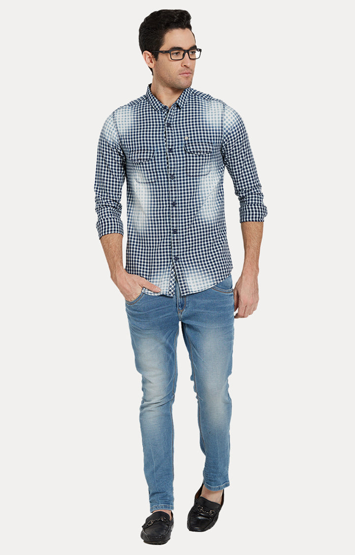 Spykar Men Blue Checked Slim Fit Casual Shirt