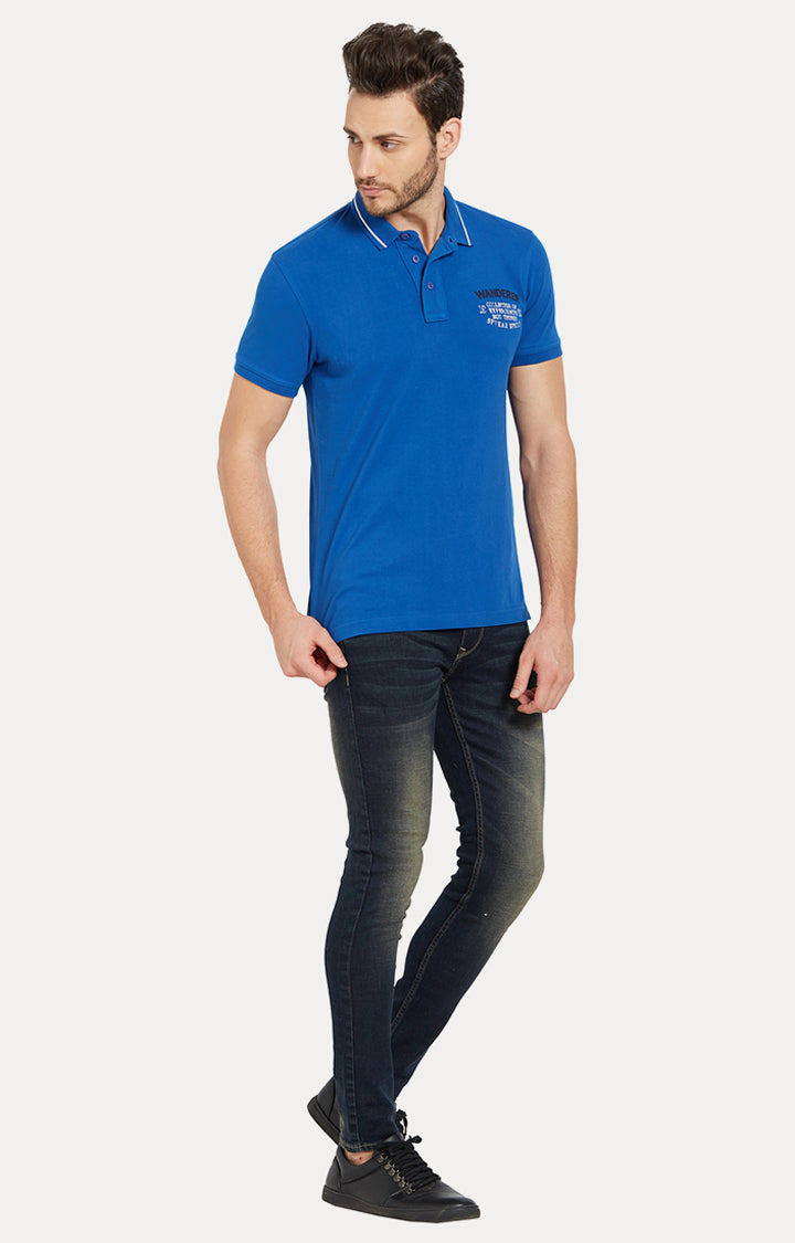 Spykar Men Blue Cotton Slim Fit Polo T-Shirt