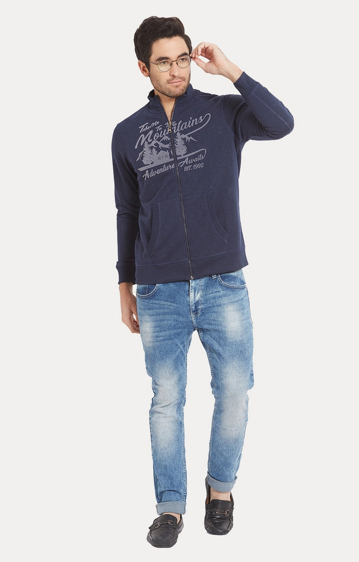 Spykar Men Blue Cotton Slim Fit Round Neck Sweatshirt