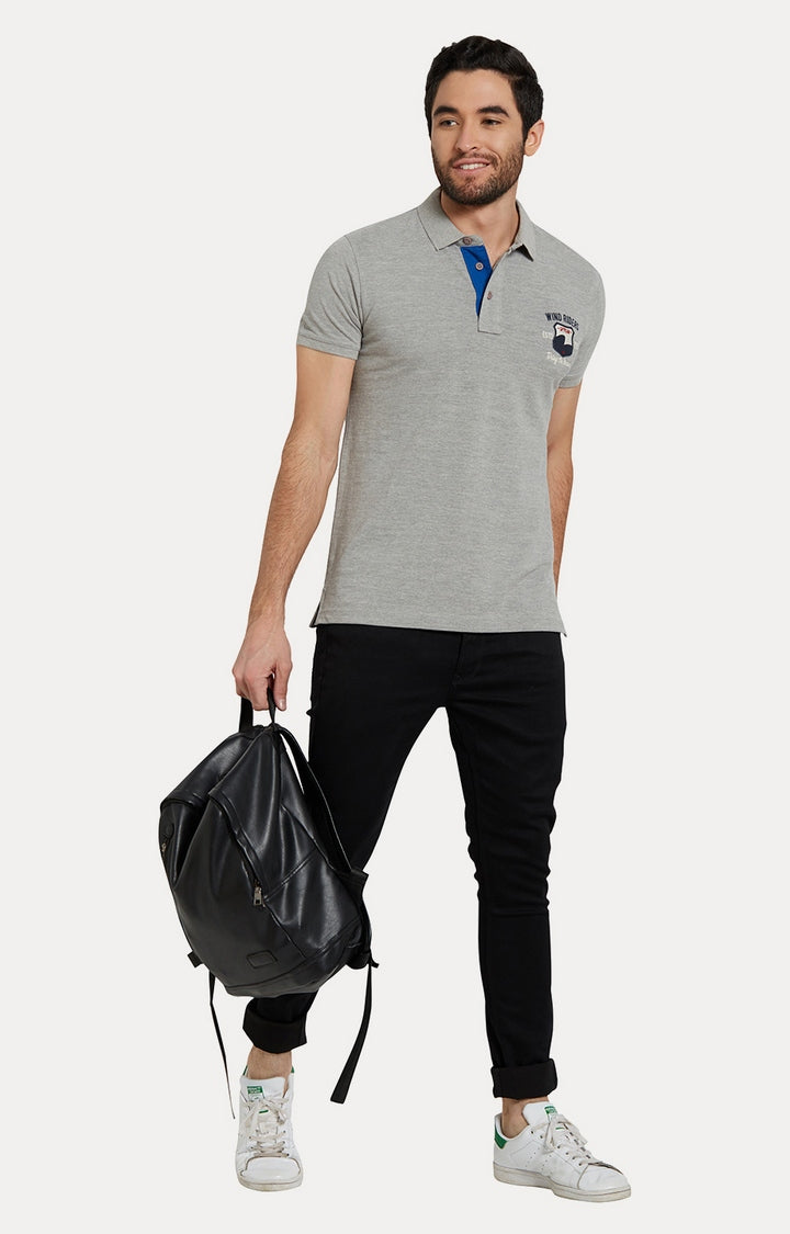 Spykar Grey Melange Slim Fit Polo Tshirt For Men