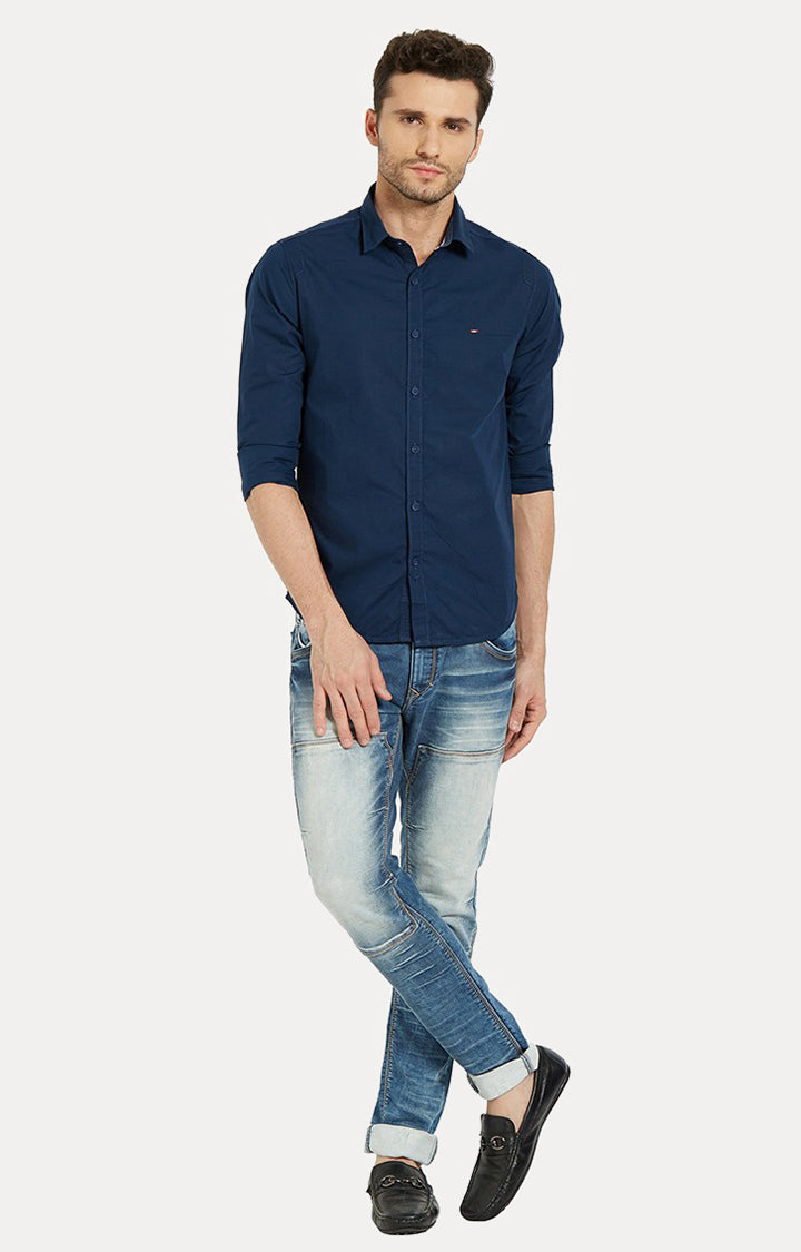 Spykar Blue Cotton Slim Fit Shirts For Men