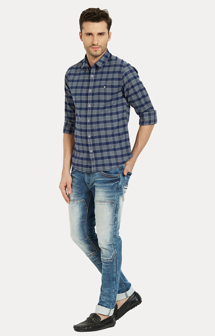 Spykar Men Blue Checked Slim Fit Casual Shirt