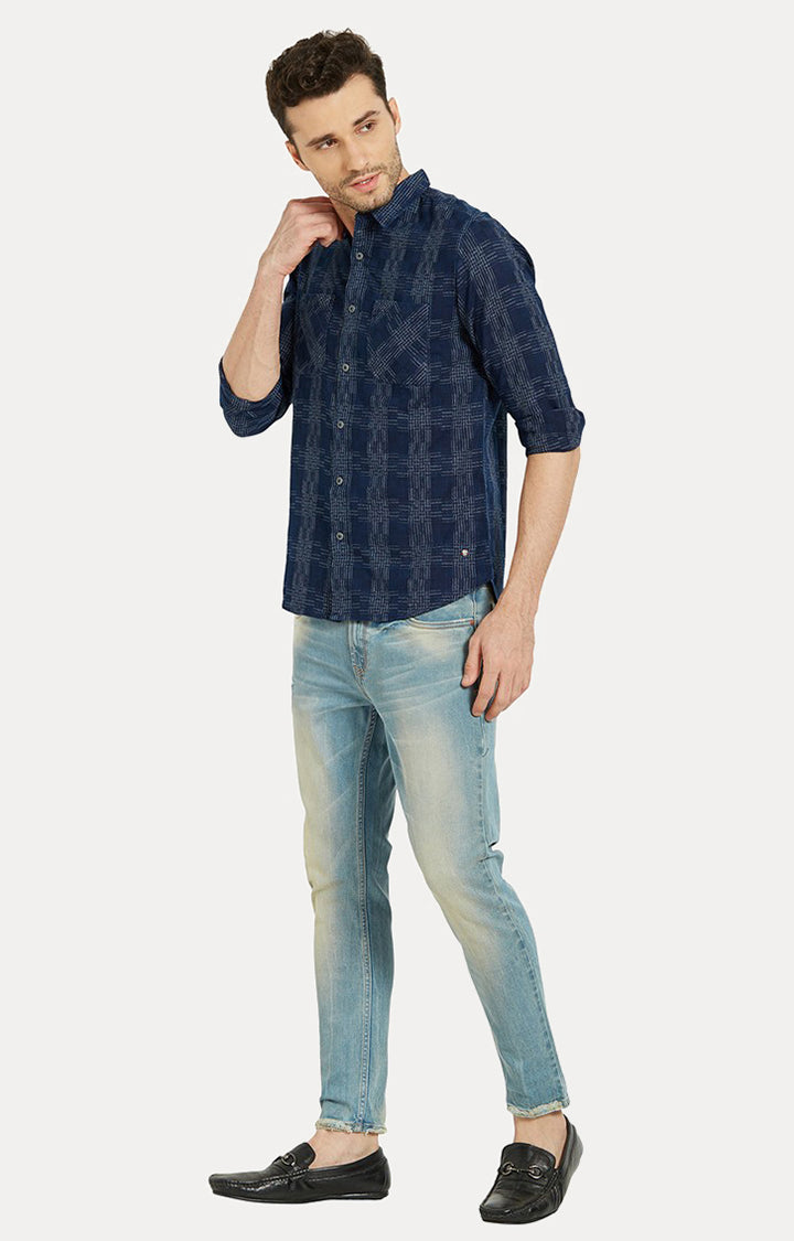 Spykar Men Blue Checked Slim Fit Casual Shirt